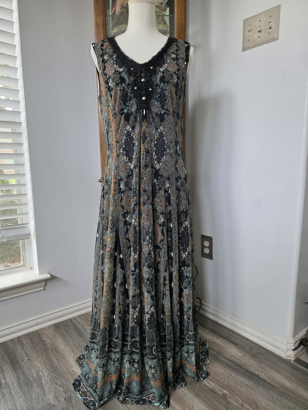 Reba V-Neck Beaded Maxi Dress in Black, Teal, and Brown
